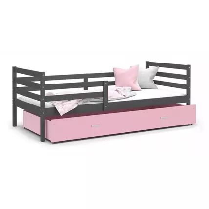 Leesésgátlós ágyneműtartós gyerekágy ágyráccsal 90x200 cm - Basic - szürke rózsaszín