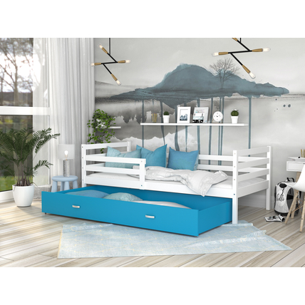 Leesésgátlós ágyneműtartós gyerekágy ágyráccsal - Basic - fehér kék