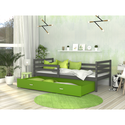 Leesésgátlós ágyneműtartós gyerekágy ágyráccsal - Basic - szürke zöld