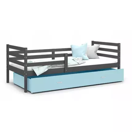 Leesésgátlós ágyneműtartós gyerekágy ágyráccsal 90x200 cm - Basic - szürke kék