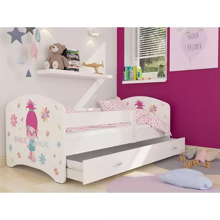 Ágyneműtartós gyerekágy ágyráccsal - fekvőfelülete 90x180 cm - Cool Beds - 48 Smile Hug trollos
