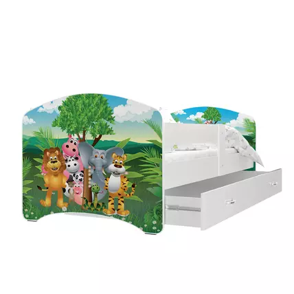 Ágyneműtartós gyerekágy ágyráccsal - 80x180 cm-es fekvőfelület - Cool Beds - 34L Jungle dzsungel állatos