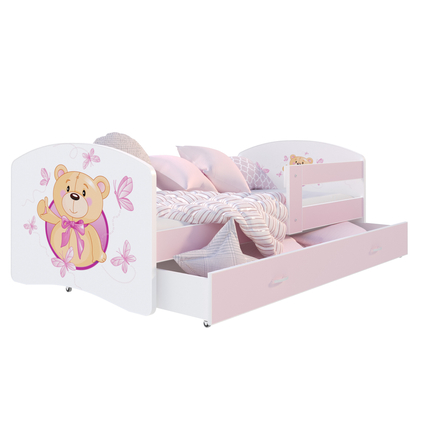 Ágyneműtartós gyerekágy ágyráccsal - 80x140 cm-es fekvőfelülettel - Cool Beds - pillangó macis