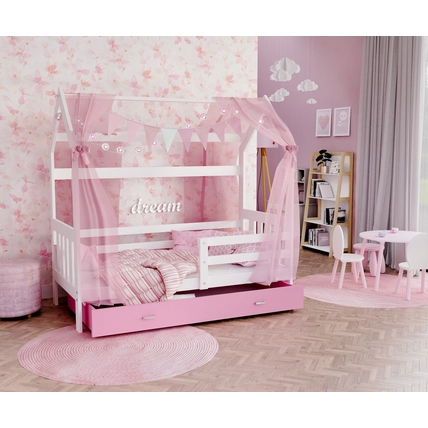 Házikó formájú ágyneműtartós gyerekágy ágráccsal - fehér-rózsaszín