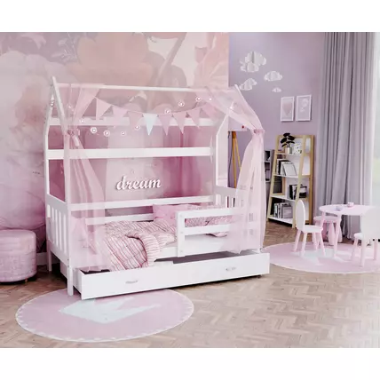 Házikó formájú ágyneműtartós gyerekágy ágráccsal 80x190 cm - fehér-fehér
