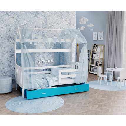 Házikó formájú ágyneműtartós gyerekágy ágráccsal - fehér-kék