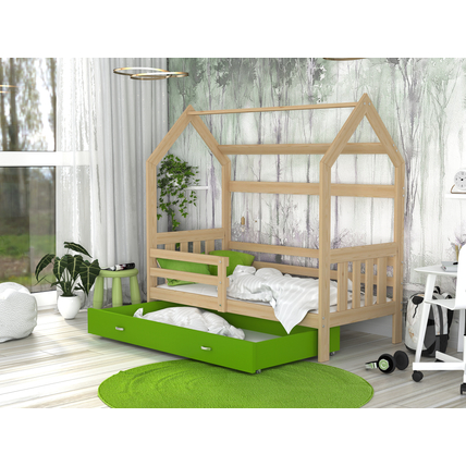 Házikó formájú ágyneműtartós gyerekágy ágráccsal - fenyő-zöld