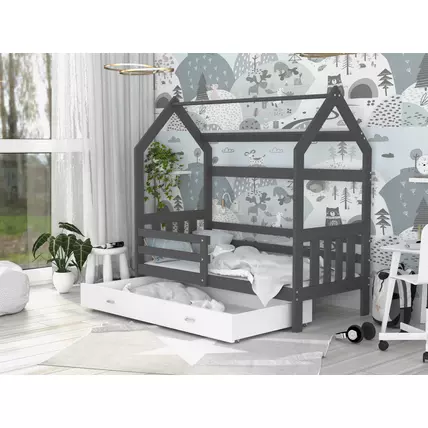 Házikó formájú ágyneműtartós gyerekágy ágráccsal 80x190 cm - szürke-fehér