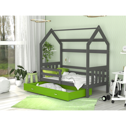 Házikó formájú ágyneműtartós gyerekágy ágráccsal - szürke-zöld