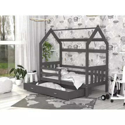 Házikó formájú ágyneműtartós gyerekágy ágráccsal 80x190 cm - szürke-szürke