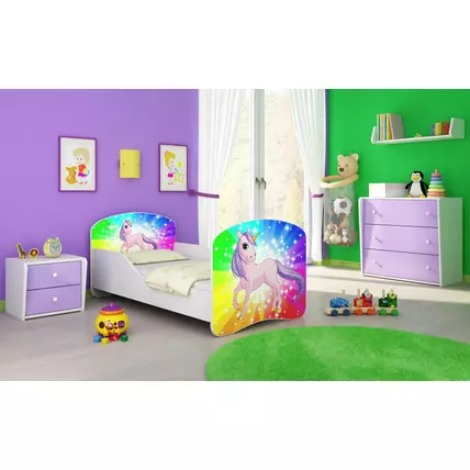 Gyerekágy leesésgátlóval és ágyráccsal 80x180 cm - Dream - szivárvány póni