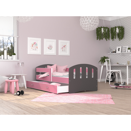Leeésgátlós és ágyneműtartós gyerekágy - Happy - szürke rózsaszín