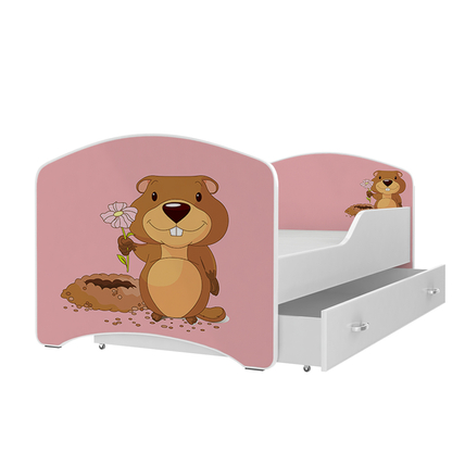 Leesésgátlós gyerekágy ágyneműtartóval és ágyráccsal - rózsaszín hód