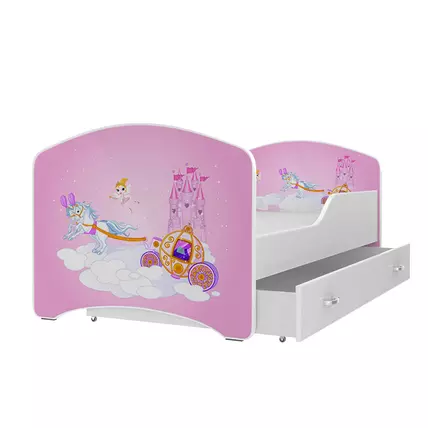 Leesésgátlós gyerekágy ágyneműtartóval 80x180 cm - pónis hintó
