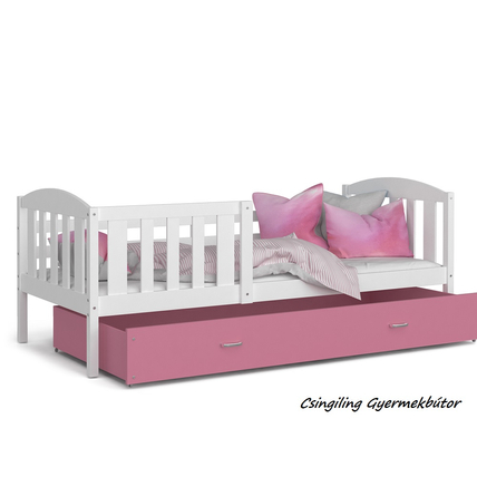 Ágyneműtartós gyerekágy ágyrccsal - Kubus - fehér-rózsaszín