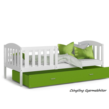 Ágyneműtartós gyerekágy ágyrccsal - Kubus - fehér-zöld