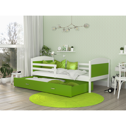 Leesésgátlós ágyneműtartós gyerekágy ágyráccsal - Mateusz - fehér zöld