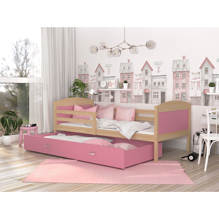 Leesésgátlós ágyneműtartós gyerekágy ágyráccsal - Mateusz - fenyő rózsaszín