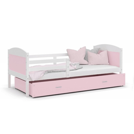 Leesésgátlós ágyneműtartós gyerekágy ágyráccsal - Mateusz - fehér rózsaszín