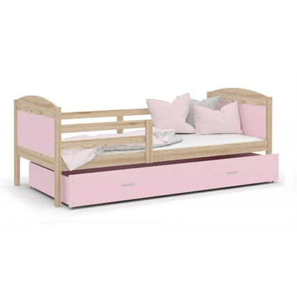 Leesésgátlós ágyneműtartós gyerekágy ágyráccsal - Mateusz - fenyő rózsaszín