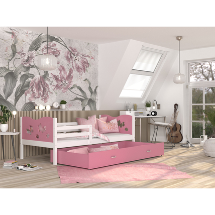 Leesésgátlós ágyneműtartós gyerekágy ágyráccsal - Max - fehér rózsaszín