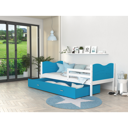 Leesésgátlós ágyneműtartós gyerekágy ágyráccsal - Max - fehér kék