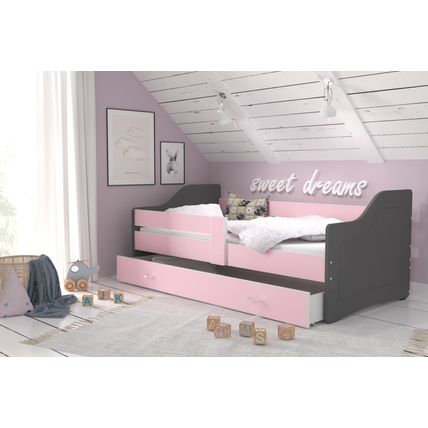 Leesésgátlós gyerekágy ágyneműtartóval - 3 méretben - Szürke-rózsaszín