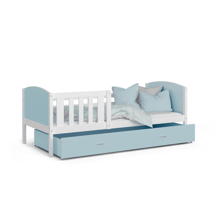 Leesésgátlós ágyneműtartós gyerekágy ágyráccsal - Tami - fehér kék