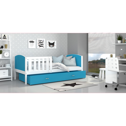 Leesésgátlós ágyneműtartós gyerekágy ágyráccsal - Tami - fehér kék
