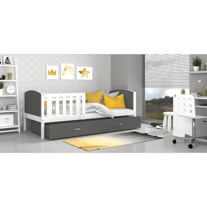 Leesésgátlós ágyneműtartós gyerekágy ágyráccsal - Tami - fehér szürke