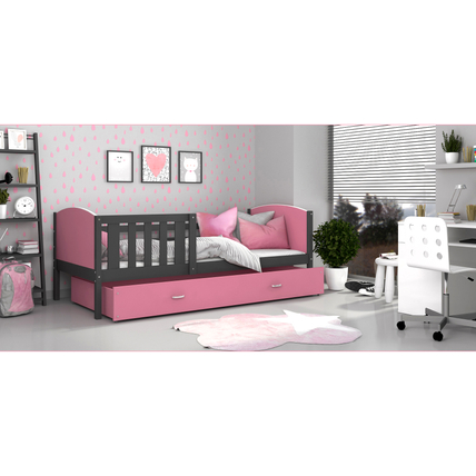 Leesésgátlós ágyneműtartós gyerekágy ágyráccsal - Tami - szürke rózsaszín
