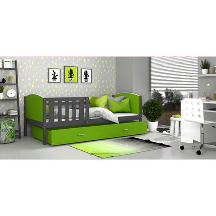 Leesésgátlós ágyneműtartós gyerekágy ágyráccsal - Tami - szürke zöld