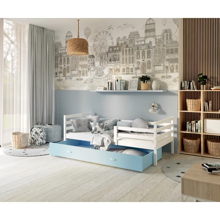 Leesésgátlós ágyneműtartós gyerekágy ágyráccsal 90x200 cm - Basic - fehér kék