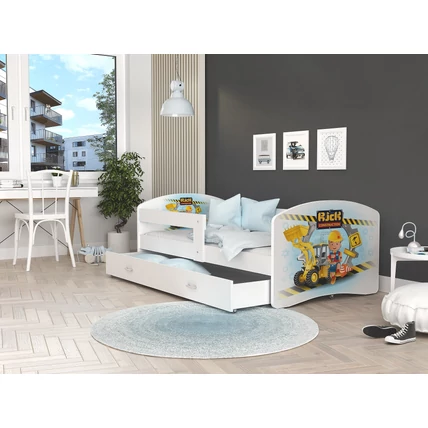 Ágyneműtartós gyerekágy ágyráccsal - fekvőfelülete 90x180 cm - Cool Beds - sárga munkagépes