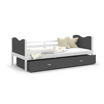 Leesésgátlós ágyneműtartós gyerekágy ágyráccsal - Max - fehér szürke