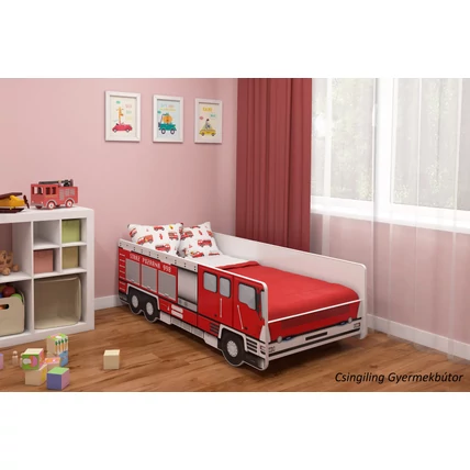 Tűzoltó autó alakú gyerekágy magyar felirattal - 70x140 cm