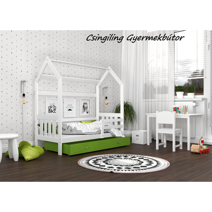 Házikó formájú ágyneműtartós gyerekágy ágráccsal - fehér-zöld