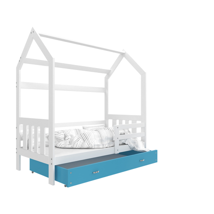 Házikó formájú ágyneműtartós gyerekágy ágráccsal - fehér-kék