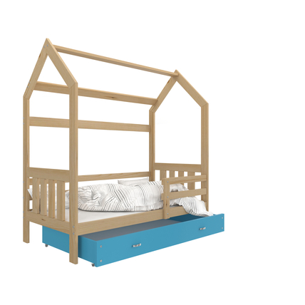 Házikó formájú ágyneműtartós gyerekágy ágráccsal - fenyő-kék