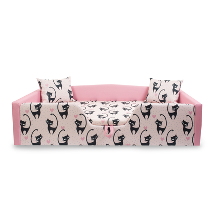 Maxi leesésgátlós kárpitos gyerekágy ágyneműtartóval - rózsaszín cicás