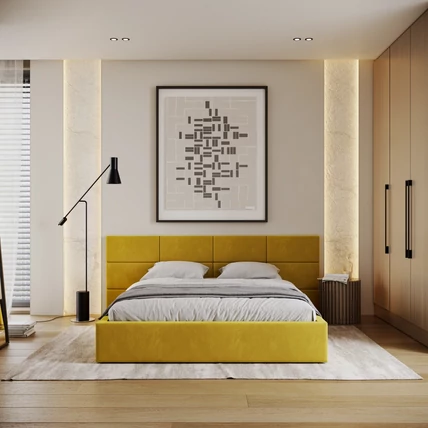 Kárpitozott franciaágy keret - DENVER - mustár sárga Paris szövettel