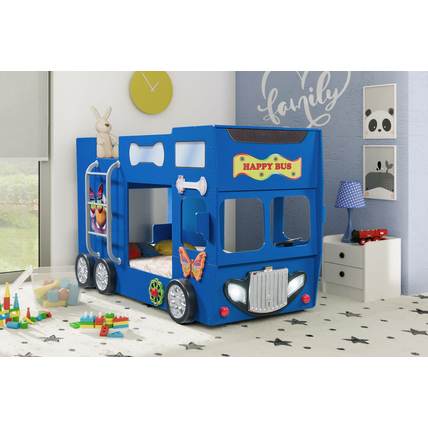 Autóbusz formájú emeletes gyerekágy matracokkal - Happy Bus kék