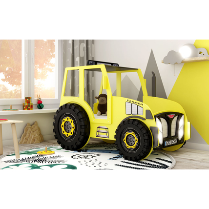 Traktor formájú gyerekágy matraccal: sárga színben