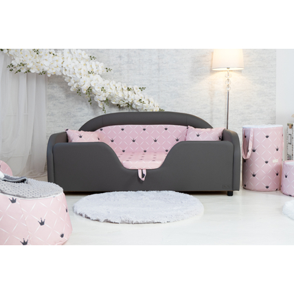 Sky Eco prémium eco bőr keretes ágyneműtartós gyerekágy - szürke rózsaszín koronás