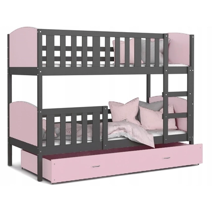 Ágyneműtartós emeletes gyerekágy - Tami - Szürke keret - rózsaszín támlákkal