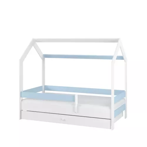 Ágyneműtartós gyerekágy ágyráccsal - fehér-kék házikó