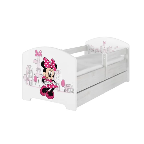 Ágyneműtartós gyerekágy ágyráccsal - Disney Oscar - Minnie Paris - norvég fenyő színben
