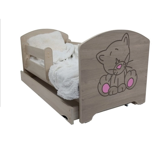 Gyerekágy ágyneműtartóval - Oskar 70x140 cm - sonoma - rózsaszín cicás