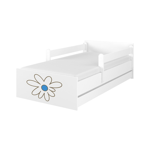 Ágyneműtartós gyerekágy ágyráccsal - MAX - fehér színben - kék virágos