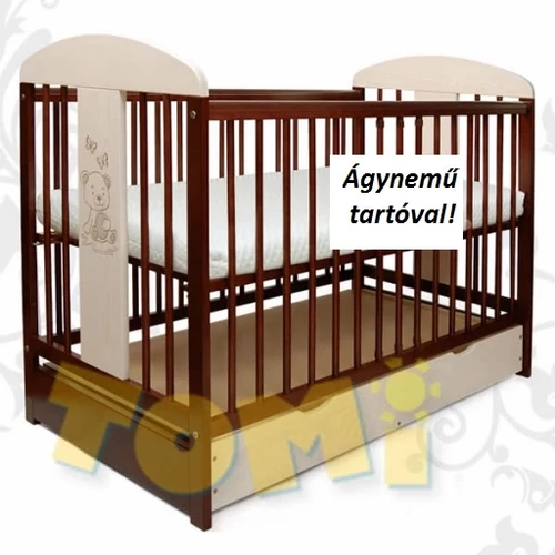 Kiságy (rácsos ágy): Tomi XX-fehér/dió+ ÁGYNEMŰTARTÓ (Bemart MACI mintával)